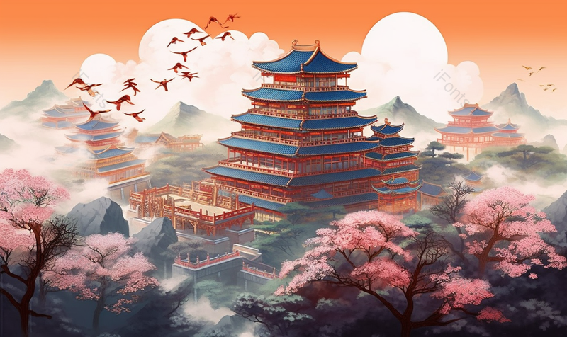 中国风黄鹤楼地标建筑桃花背景,插画/手绘图,插画/手绘图库,插画/手绘图下载,插画/手绘